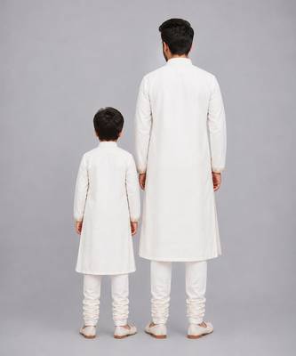 White embroidered cotton silk father son bandhgala combo set 2