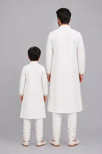 White embroidered cotton silk father son bandhgala combo set
