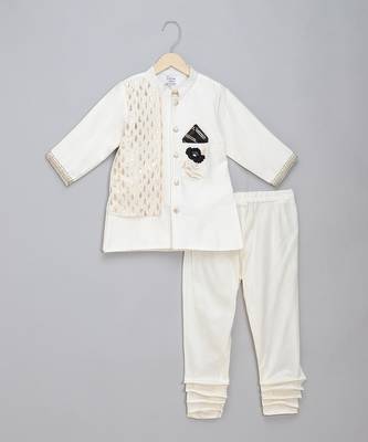 White embroidered cotton silk father son bandhgala combo set 3