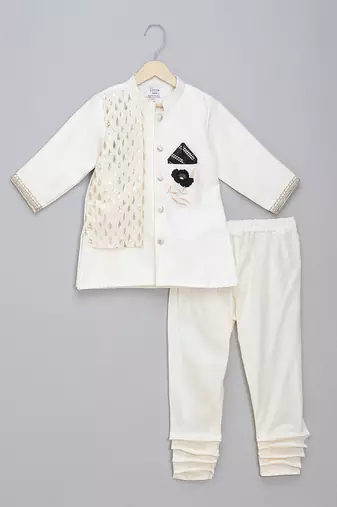 White embroidered cotton silk father son bandhgala combo set
