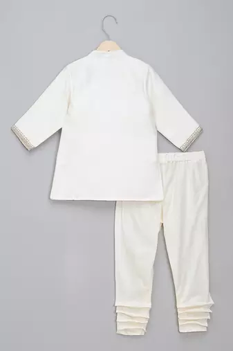 White embroidered cotton silk father son bandhgala combo set