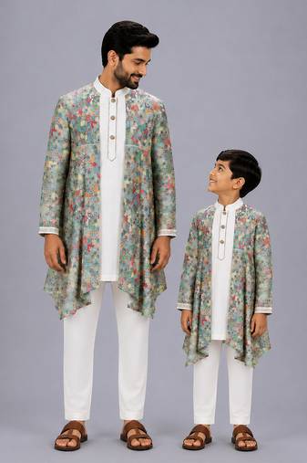 White multicolor printed cotton silk father son kurta combo set