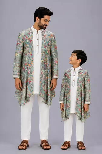White multicolor printed cotton silk father son kurta combo set