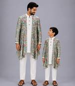White multicolor printed cotton silk father son kurta combo set