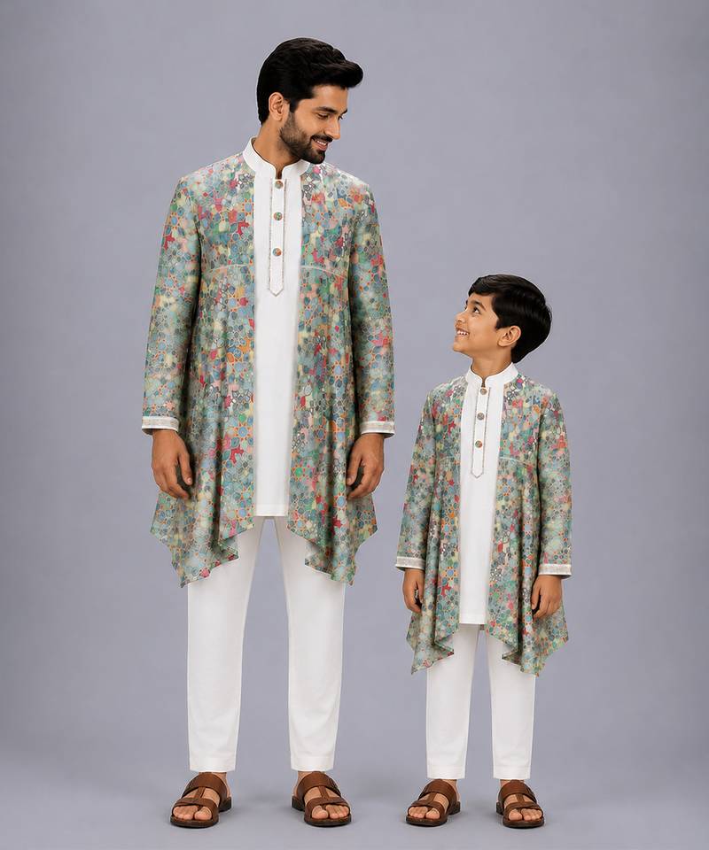 White multicolor printed cotton silk father son kurta combo set
