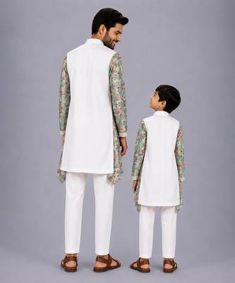 White multicolor printed cotton silk father son kurta combo set 2