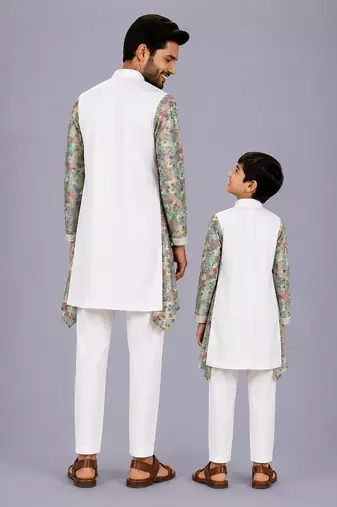 White multicolor printed cotton silk father son kurta combo set