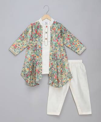 White multicolor printed cotton silk father son kurta combo set 3