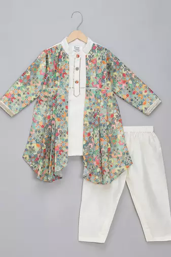 White multicolor printed cotton silk father son kurta combo set