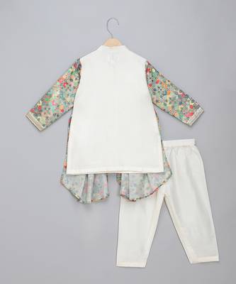 White multicolor printed cotton silk father son kurta combo set 4