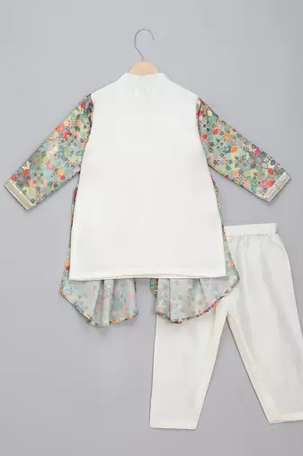 White multicolor printed cotton silk father son kurta combo set