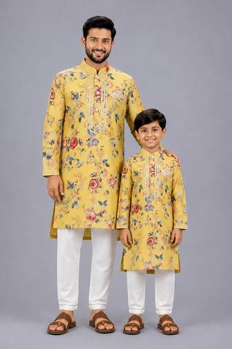 Mustard yellow printed cotton silk father son kurta combo set