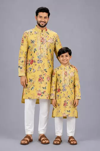 Mustard yellow printed cotton silk father son kurta combo set