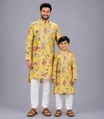 Mustard yellow printed cotton silk father son kurta combo set