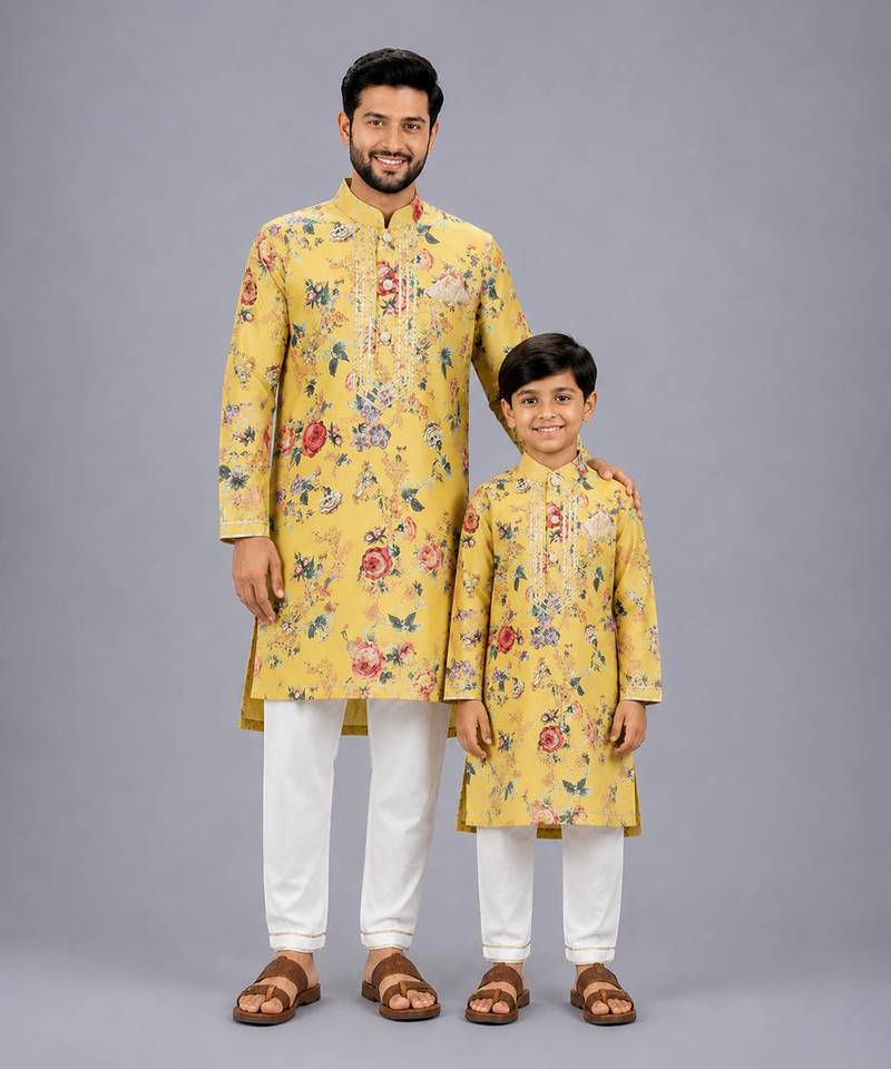 Mustard yellow printed cotton silk father son kurta combo set
