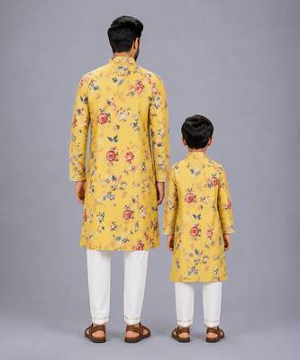 Mustard yellow printed cotton silk father son kurta combo set 2