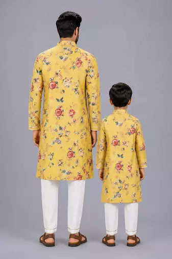 Mustard yellow printed cotton silk father son kurta combo set