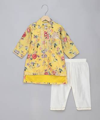 Mustard yellow printed cotton silk father son kurta combo set 3