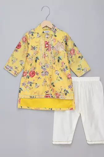 Mustard yellow printed cotton silk father son kurta combo set