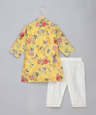 Mustard yellow printed cotton silk father son kurta combo set 4
