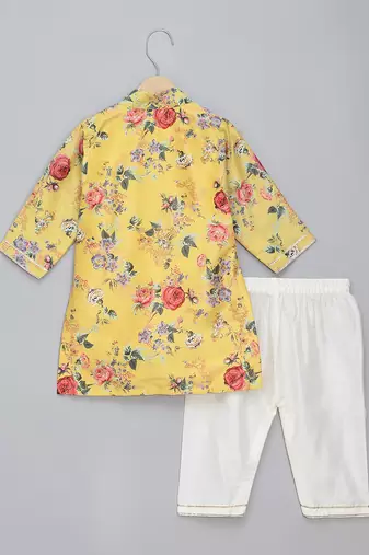 Mustard yellow printed cotton silk father son kurta combo set