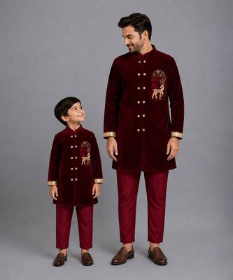 Maroon embroidered velvet father son bandhgala combo set 1