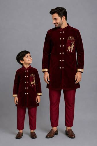 Maroon embroidered velvet father son bandhgala combo set