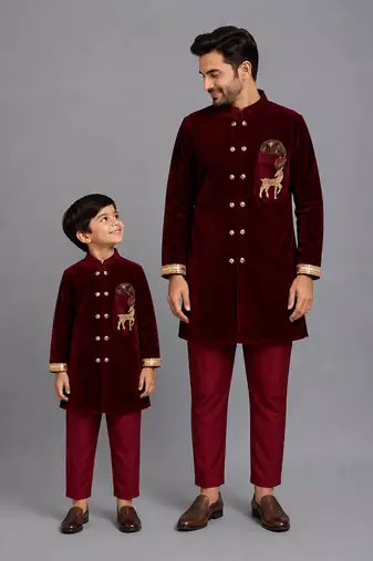 Maroon embroidered velvet father son bandhgala combo set