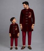 Maroon embroidered velvet father son bandhgala combo set