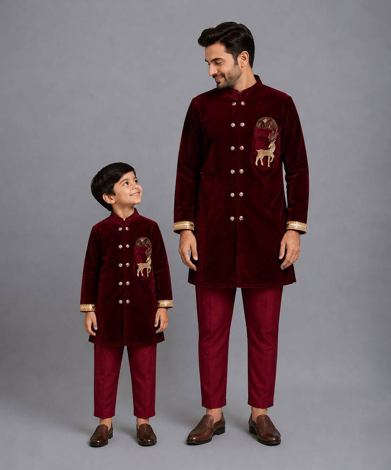 Maroon embroidered velvet father son bandhgala combo set