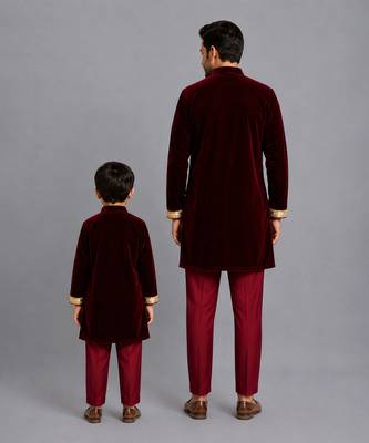 Maroon embroidered velvet father son bandhgala combo set 2