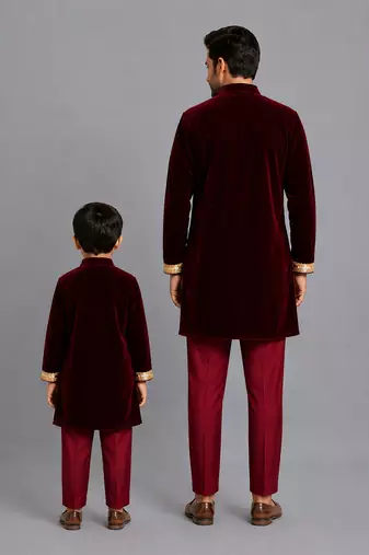 Maroon embroidered velvet father son bandhgala combo set