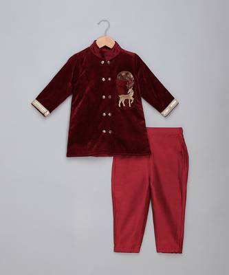 Maroon embroidered velvet father son bandhgala combo set 3