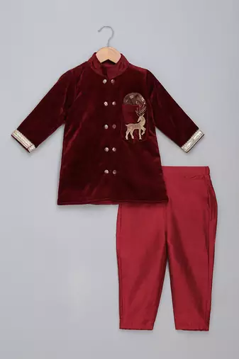 Maroon embroidered velvet father son bandhgala combo set