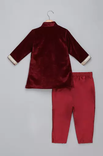 Maroon embroidered velvet father son bandhgala combo set