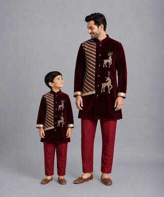 Maroon deer embroidered velvet father son bandhgala combo set 1