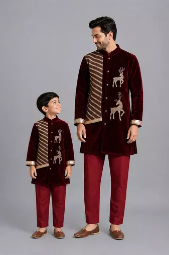 Maroon deer embroidered velvet father son bandhgala combo set