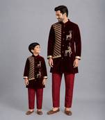 Maroon deer embroidered velvet father son bandhgala combo set