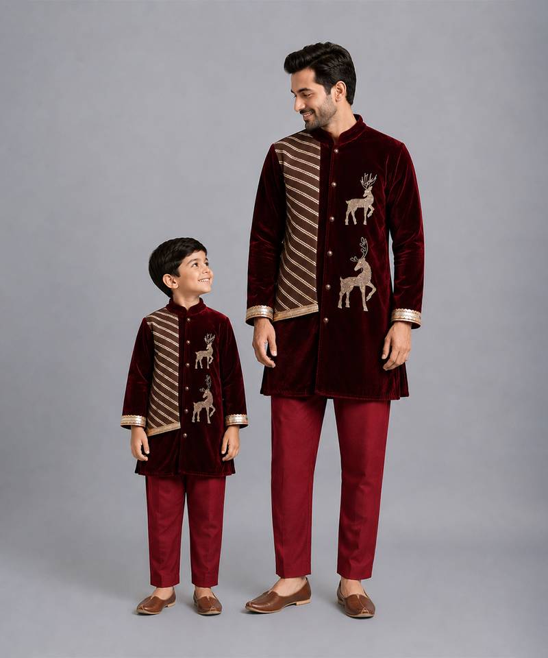 Maroon deer embroidered velvet father son bandhgala combo set
