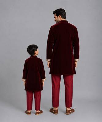 Maroon deer embroidered velvet father son bandhgala combo set 2