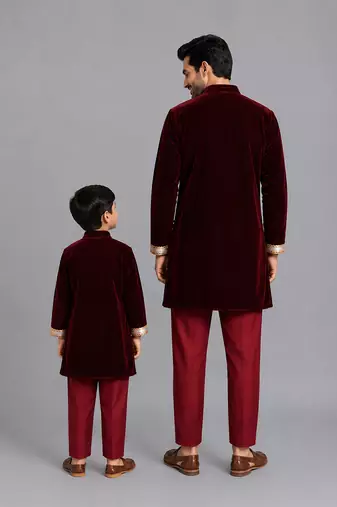 Maroon deer embroidered velvet father son bandhgala combo set