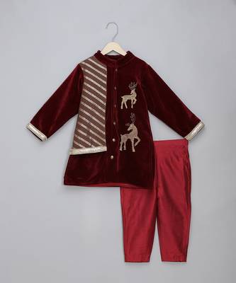 Maroon deer embroidered velvet father son bandhgala combo set 3