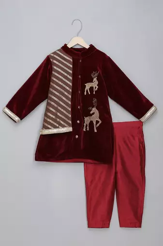 Maroon deer embroidered velvet father son bandhgala combo set