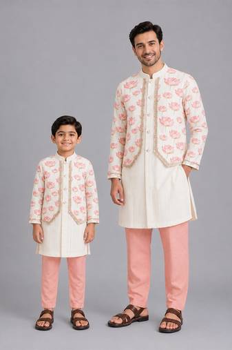 Off white floral printed cotton silk father son kurta combo set