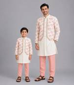 Off white floral printed cotton silk father son kurta combo set