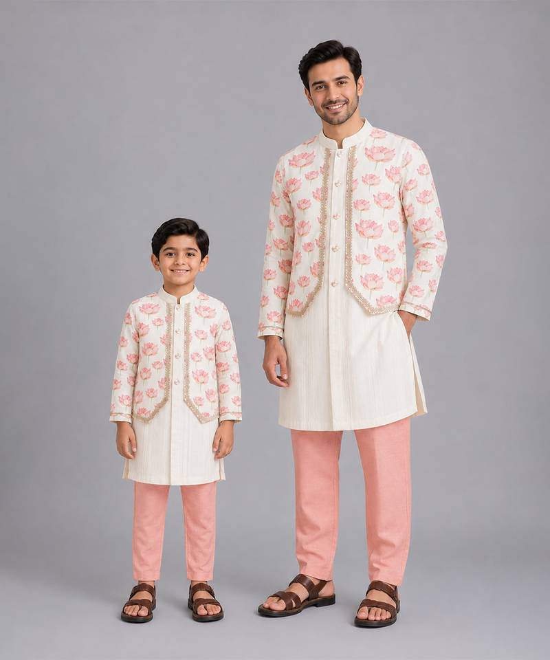 Off white floral printed cotton silk father son kurta combo set