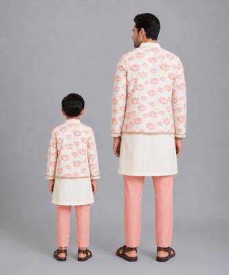 Off white floral printed cotton silk father son kurta combo set 2