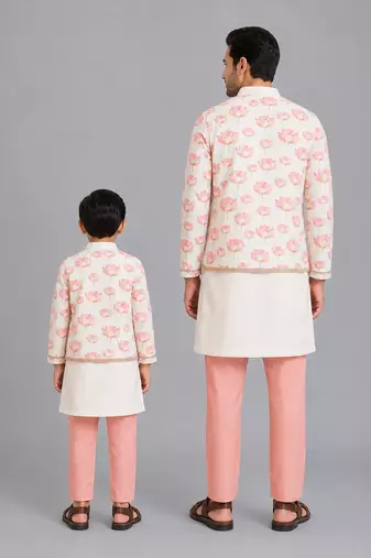 Off white floral printed cotton silk father son kurta combo set