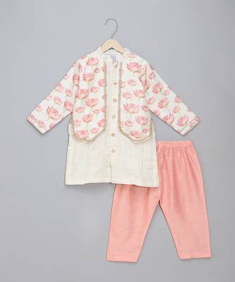 Off white floral printed cotton silk father son kurta combo set 3