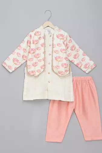Off white floral printed cotton silk father son kurta combo set